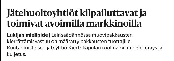 HS-Jätehuoltoyhtiöt kilpailuttavat ja toimivat avoimilla markkinoilla